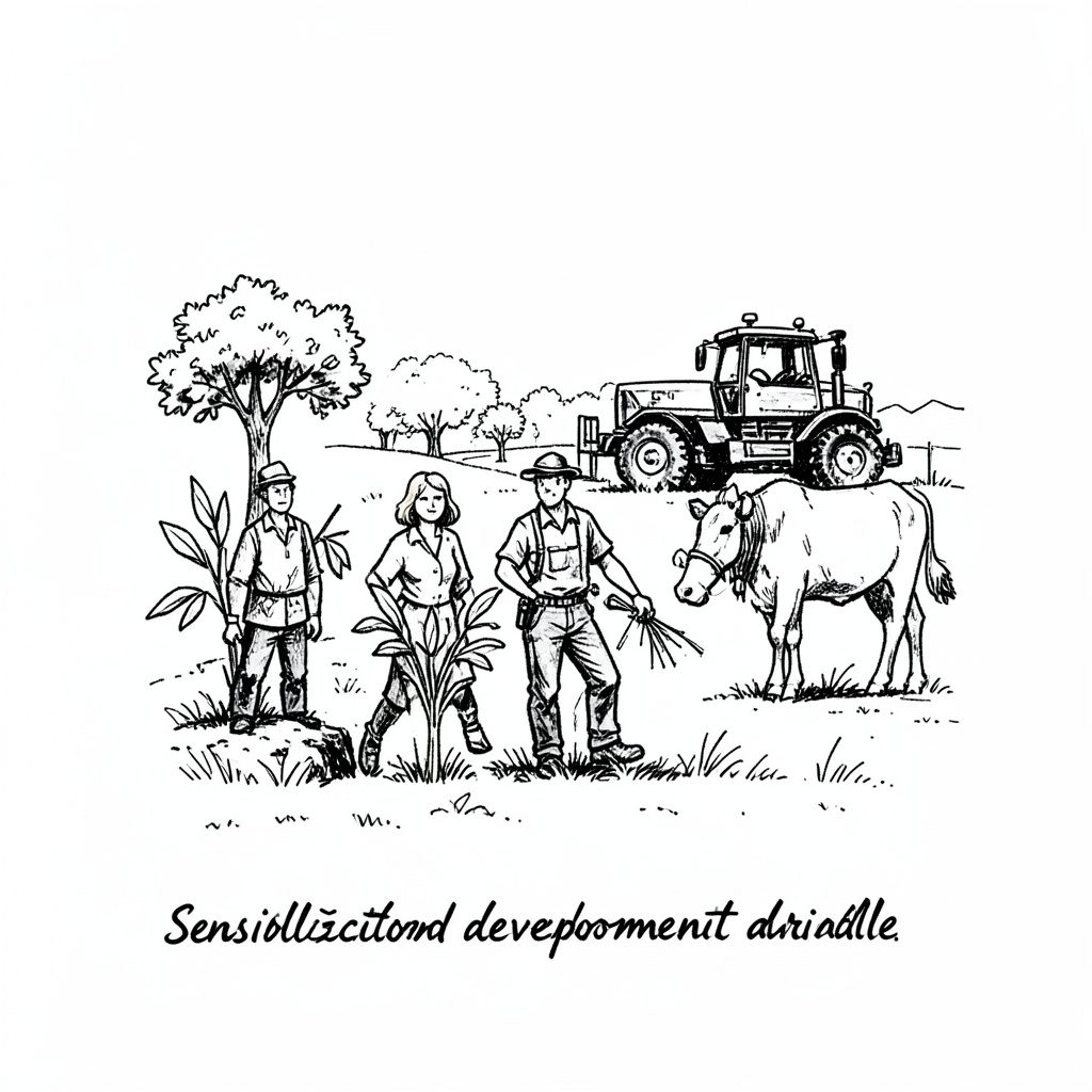 Illustration à l'encre d'un paysage rural limousin avec champs, haies et ferme en pierre, dans des tons olive, gris ardoise et blanc cassé.
